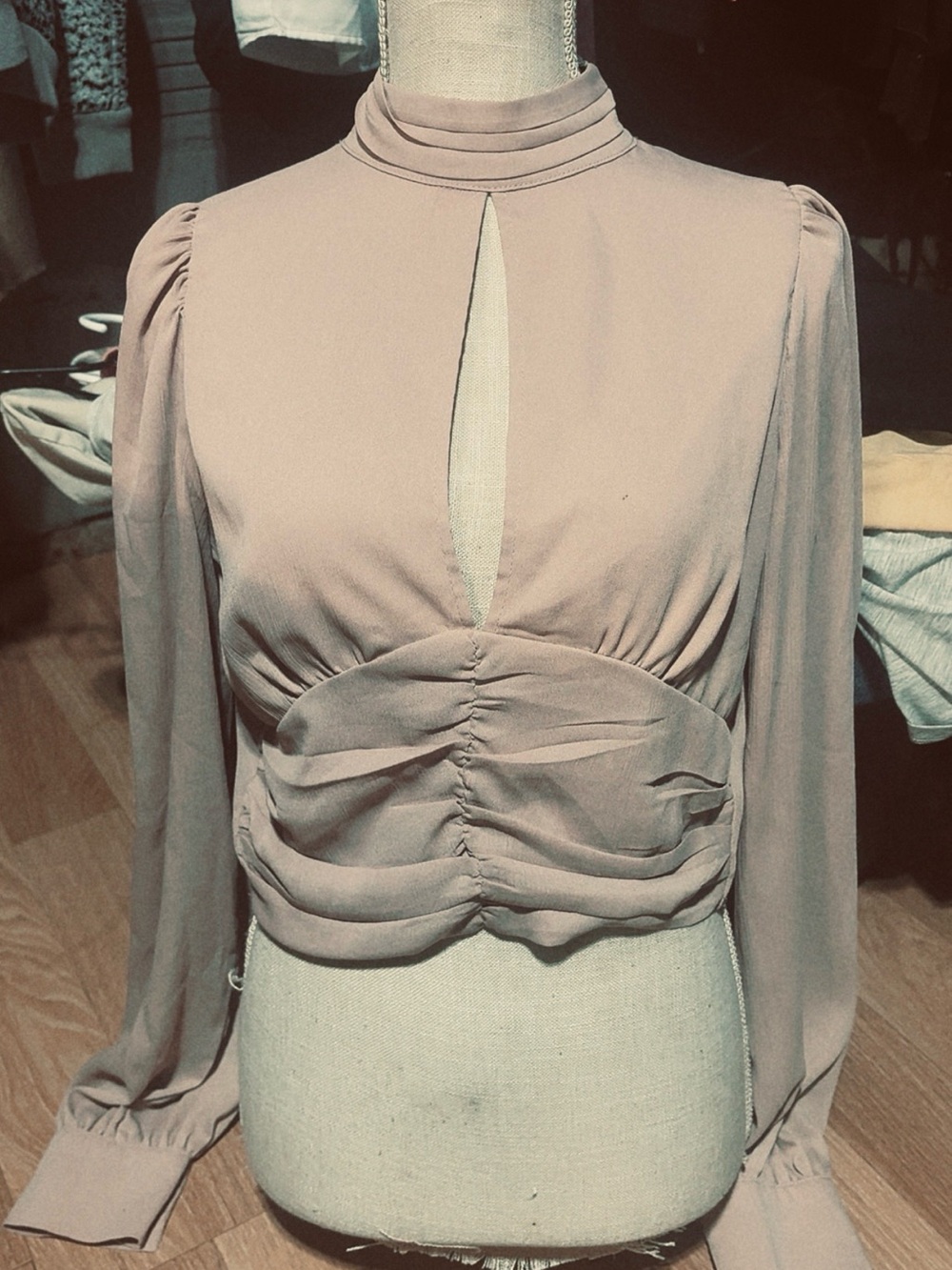 Ruched Blush Keyhole Long-Sleeve Blouse